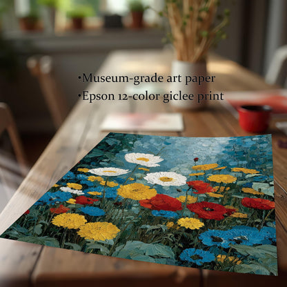 Close-up detail of the art print resting on a wooden table, highlighting the high-quality texture. Text overlay reads "Museum-grade art paper" and "Epson 12-color giclee print."