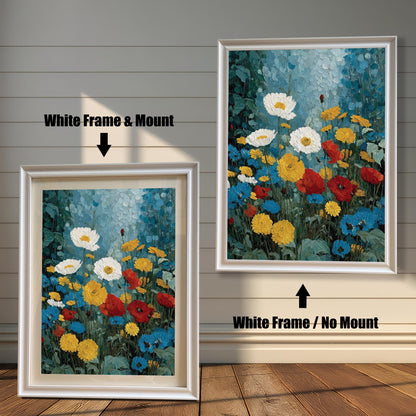 Comparison image showing two versions of a white wood frame. The left version includes a mat board (mount) around the floral painting, while the right version is a full-frame print without a mount.