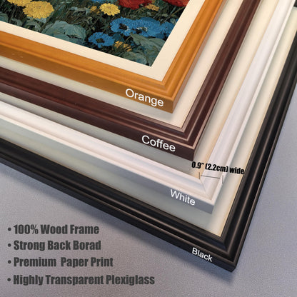 Close-up stack of the four available wood frame colors: Orange, Coffee, White, and Black. A diagram indicates a frame width of 0.9 inches (2.2cm). Features listed include 100% wood frame and highly transparent plexiglass.