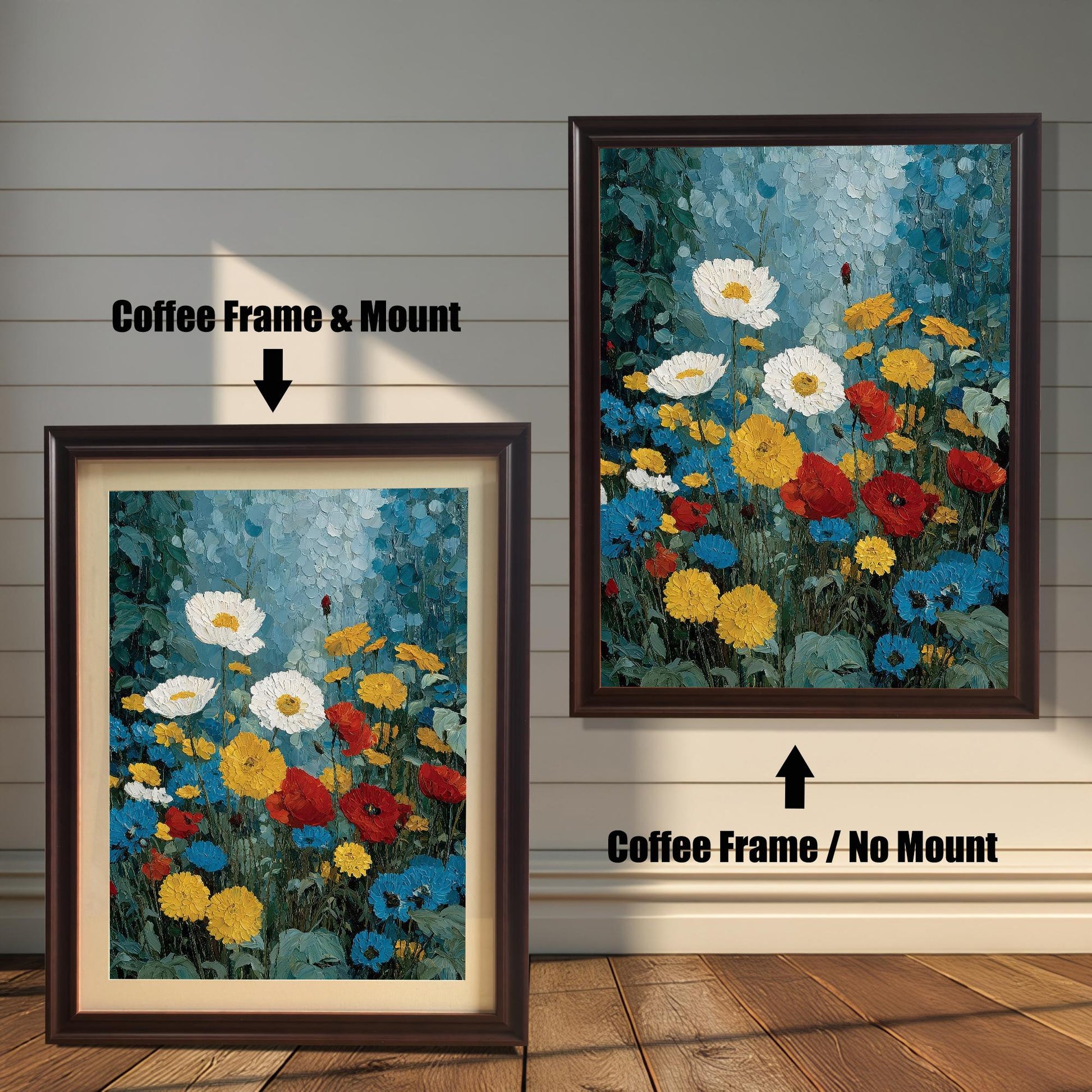 Comparison image for "Coffee" (dark brown) wood frames. One side shows the art with an elegant mat board (mount), while the other shows the full-bleed print without a mount.