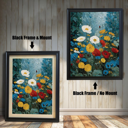 Comparison image for black wood frames. The left side displays the floral print with an ivory mat board (mount), and the right side shows the print filling the entire frame with no mount.