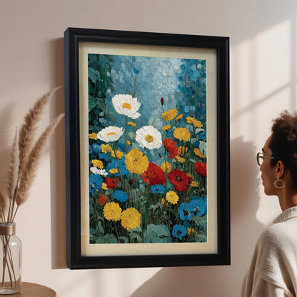 A black-framed floral art print with a mat board hung on a neutral-toned wall. A person is shown in profile looking at the artwork, and a vase with pampas grass is visible in the foreground to provide a sense of scale and lifestyle context.