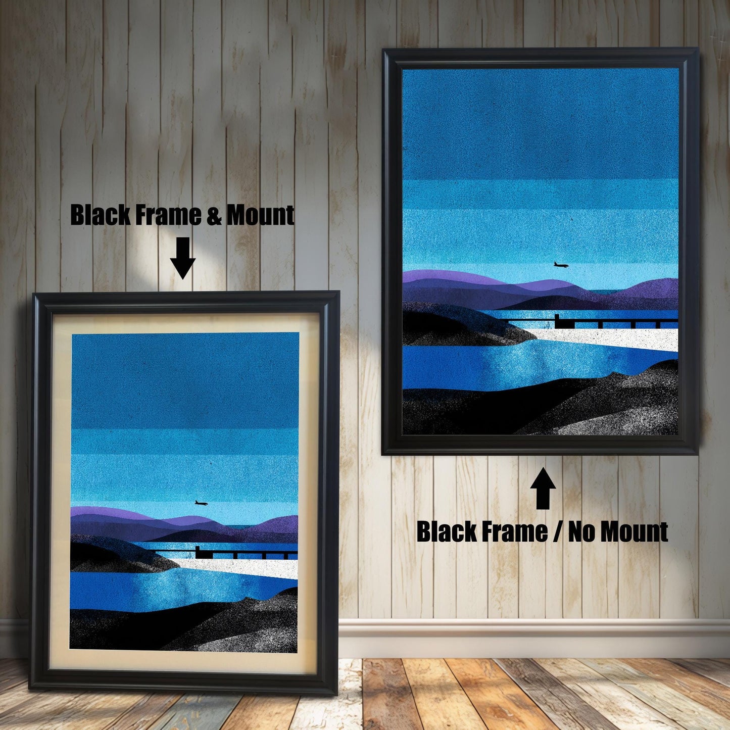 Two black wood-framed prints displayed on a wood-paneled wall; the left shows the "Black Frame & Mount" option with a border, and the right shows the "Black Frame / No Mount" full-bleed option.
