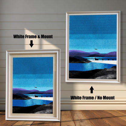Comparison of two white wood frames; the left shows the "White Frame & Mount" style with a border, and the right shows the "White Frame / No Mount" style without a border.