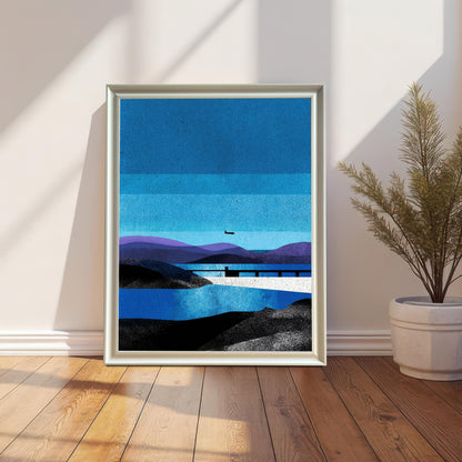 A full-bleed "White" wood-framed art print sitting on a wooden floor against a white wall, positioned next to a potted green plant in a bright, sunlit room.