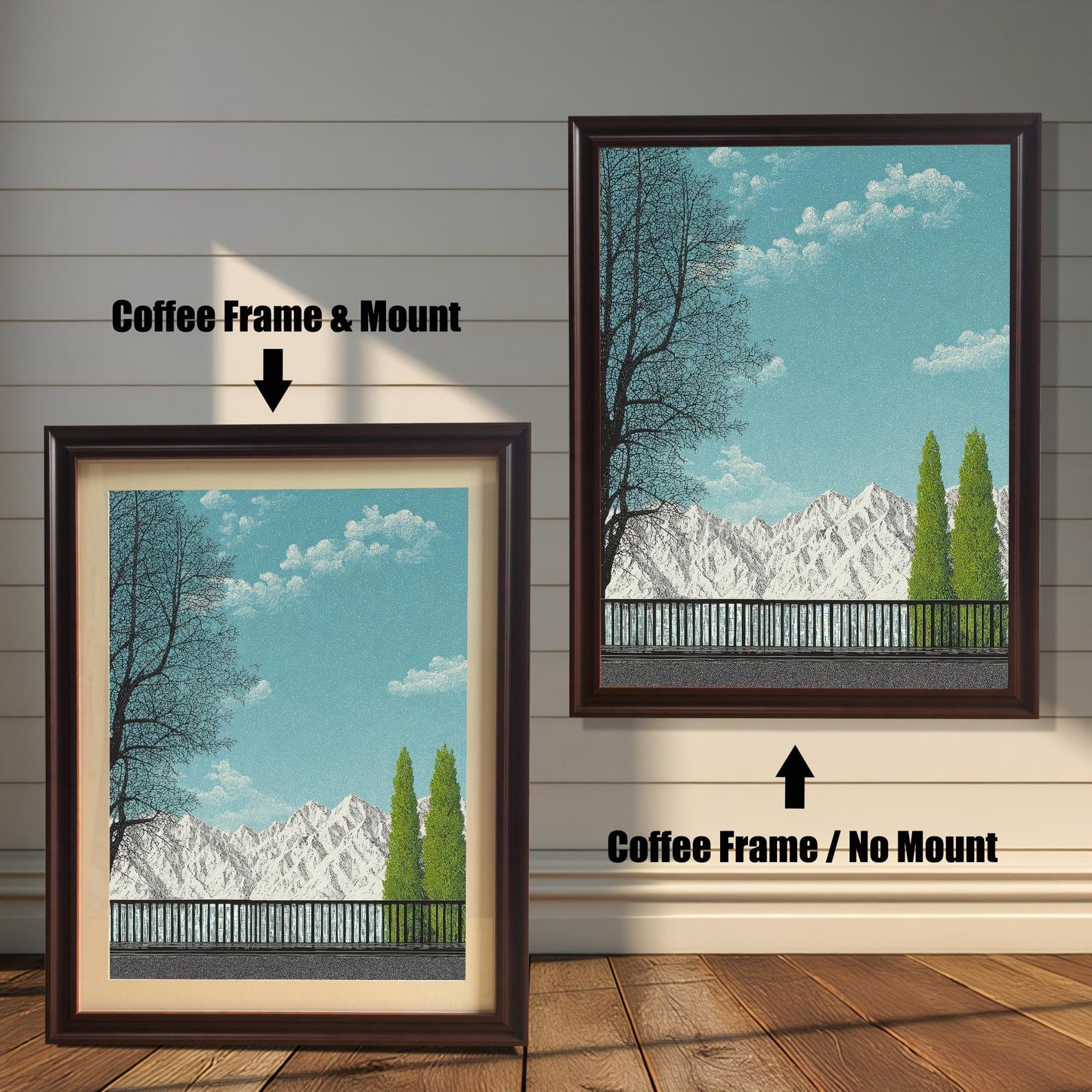 Comparison of a Coffee brown wood frame with and without a white picture mount, displaying a scenic mountain landscape illustration against a white paneled wall.