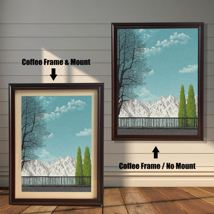 Comparison of a Coffee brown wood frame with and without a white picture mount, displaying a scenic mountain landscape illustration against a white paneled wall.