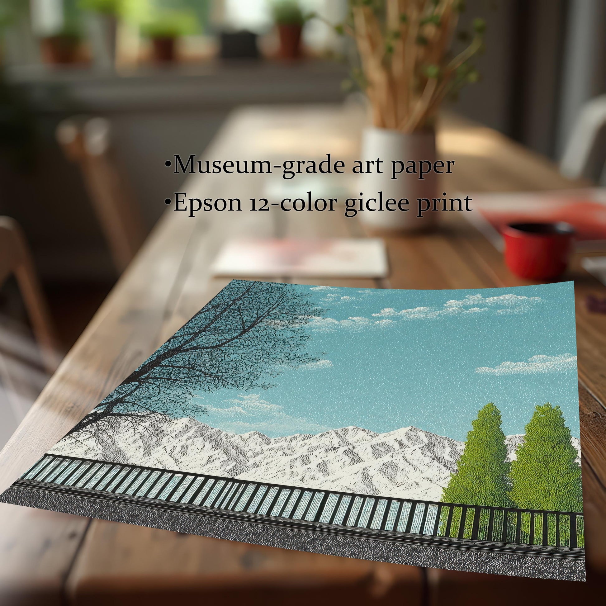 Close-up of a high-quality giclee art print on a wooden table, featuring text highlighting "Museum-grade art paper" and "Epson 12-color giclee print."