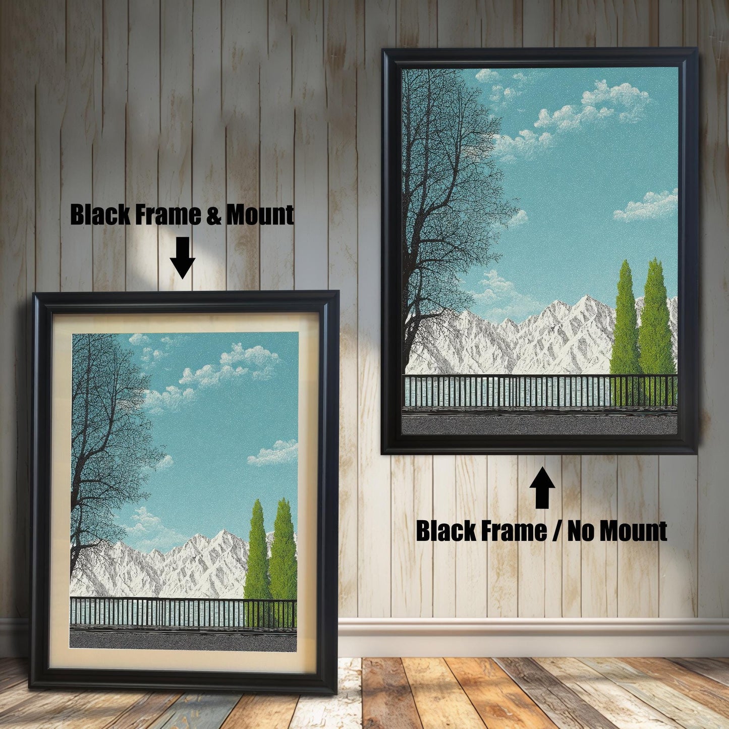 Comparison of a sleek Black wood frame shown with and without an off-white picture mount, featuring a mountain landscape art print against a rustic light wood wall.