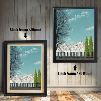 Comparison of a sleek Black wood frame shown with and without an off-white picture mount, featuring a mountain landscape art print against a rustic light wood wall.