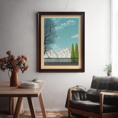 A vertical Coffee brown wood framed art print with a wide white mount, hanging on a textured white wall in a cozy room setting with a wooden desk and a modern armchair.