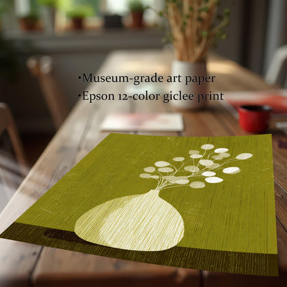 Close-up of the print quality on a wooden table, highlighting the museum-grade art paper and Epson 12-color giclee printing process for vibrant colors.