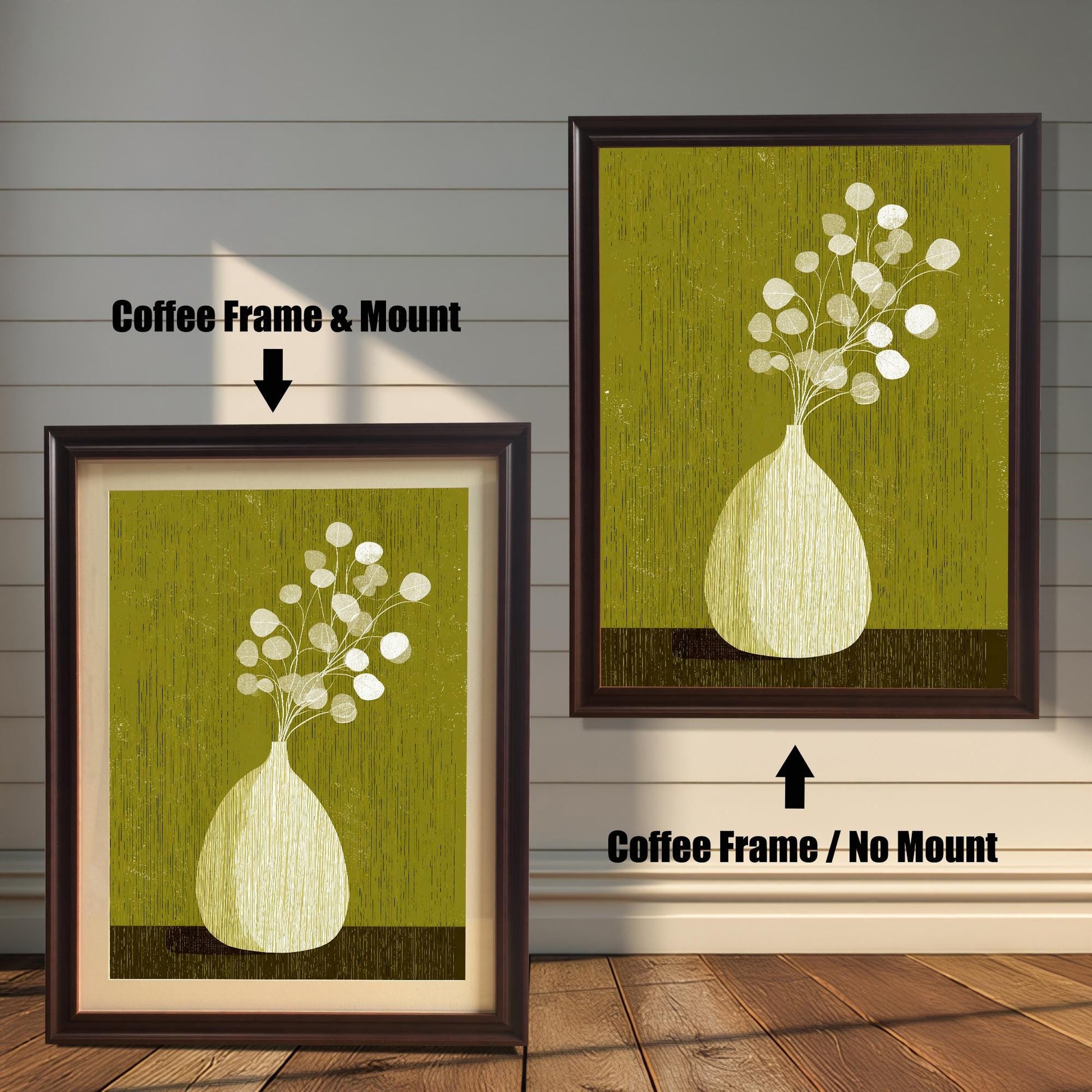 Comparison of a coffee-colored wood frame showing two styles: one with a white mat board (mount) and one without a mount, featuring a mid-century modern botanical print.