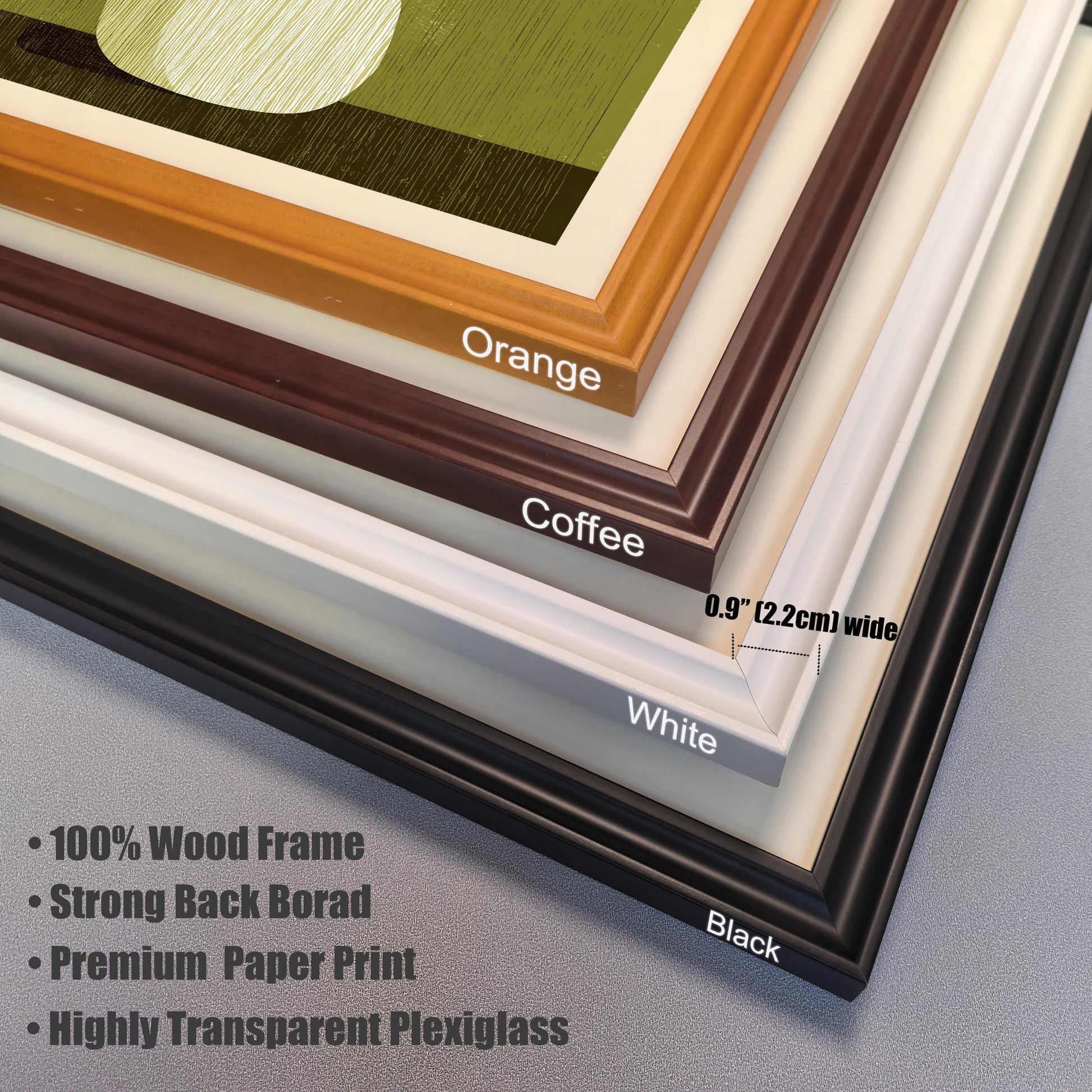 Stacked view of the four available wood frame colors: Orange, Coffee, White, and Black, showing the 0.9-inch (2.2cm) frame width and high-quality materials.