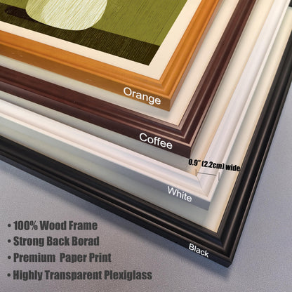Stacked view of the four available wood frame colors: Orange, Coffee, White, and Black, showing the 0.9-inch (2.2cm) frame width and high-quality materials.