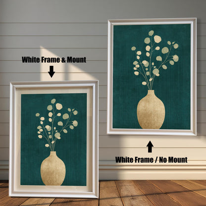 A comparison of white wood frames with and without a mount, showcasing how the teal and gold botanical art looks in a bright, clean framing option.