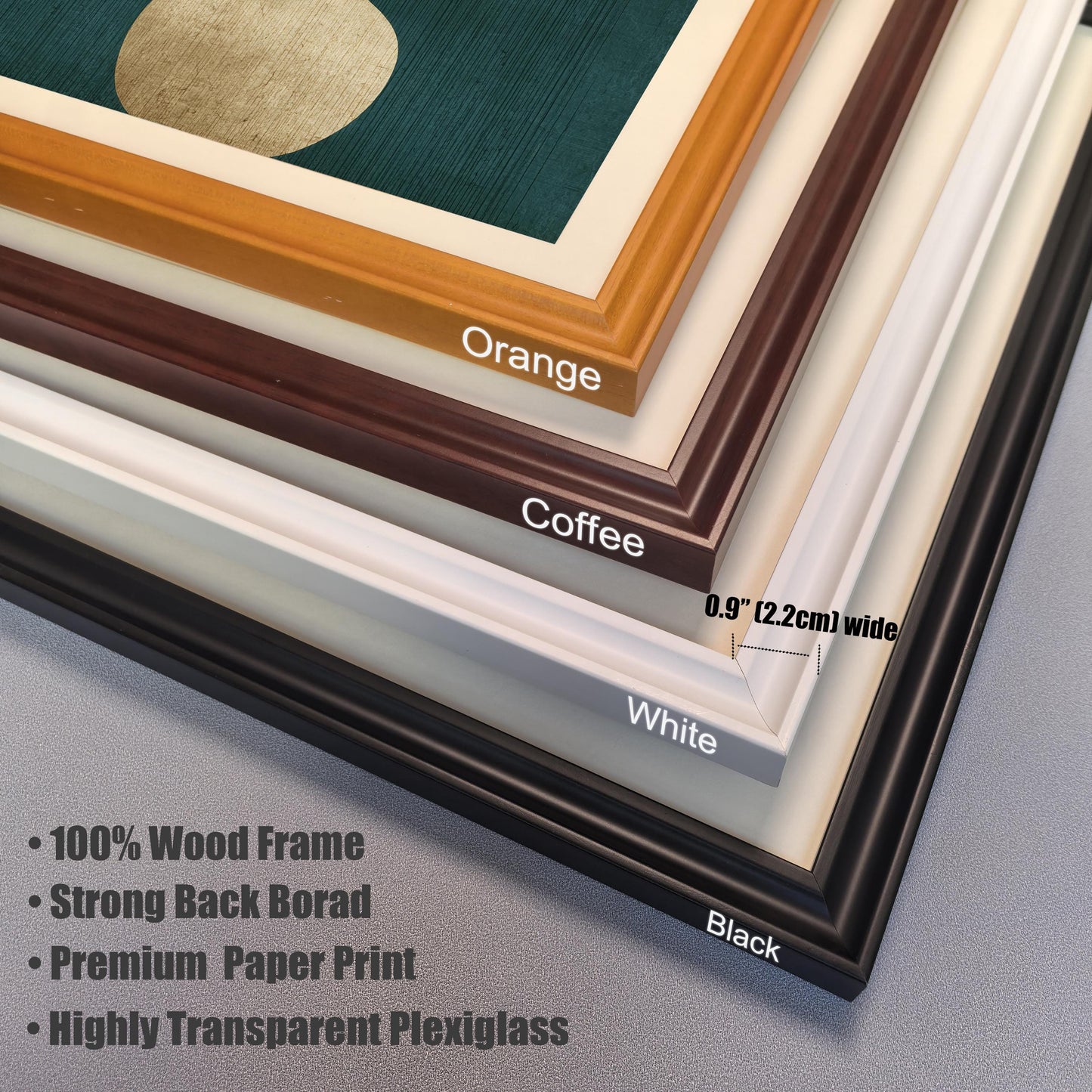 A close-up stack of four wood frame corners in Orange, Coffee, White, and Black, highlighting the 0.9-inch width, 100% wood material, and plexiglass cover.