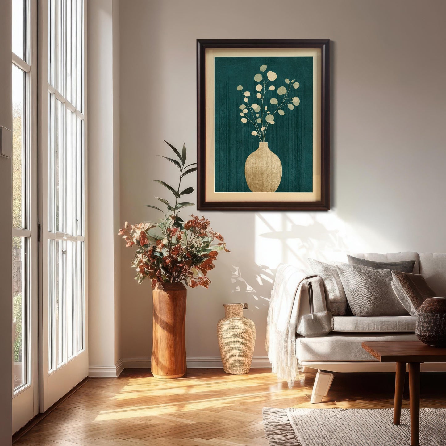 A large, coffee-colored framed art print with a cream mount displayed on a white wall in a bright living room, positioned above a tall wooden vase and next to a modern sofa.