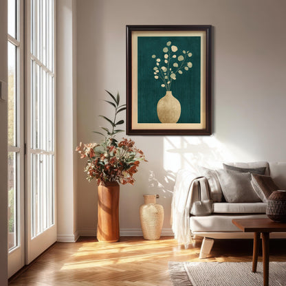 A large, coffee-colored framed art print with a cream mount displayed on a white wall in a bright living room, positioned above a tall wooden vase and next to a modern sofa.