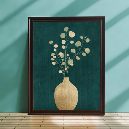 A dark wood-framed teal and gold floral print leaning against a smooth light-blue wall on a light-colored tiled floor, showcasing the rich colors of the giclee print in a minimalist setting.