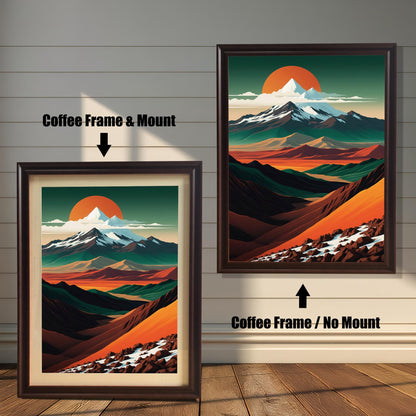 Comparison of "Coffee" dark wood frames. On the left, the mountain print is shown with an off-white mat mount; on the right, the print is shown full-bleed without a mount.