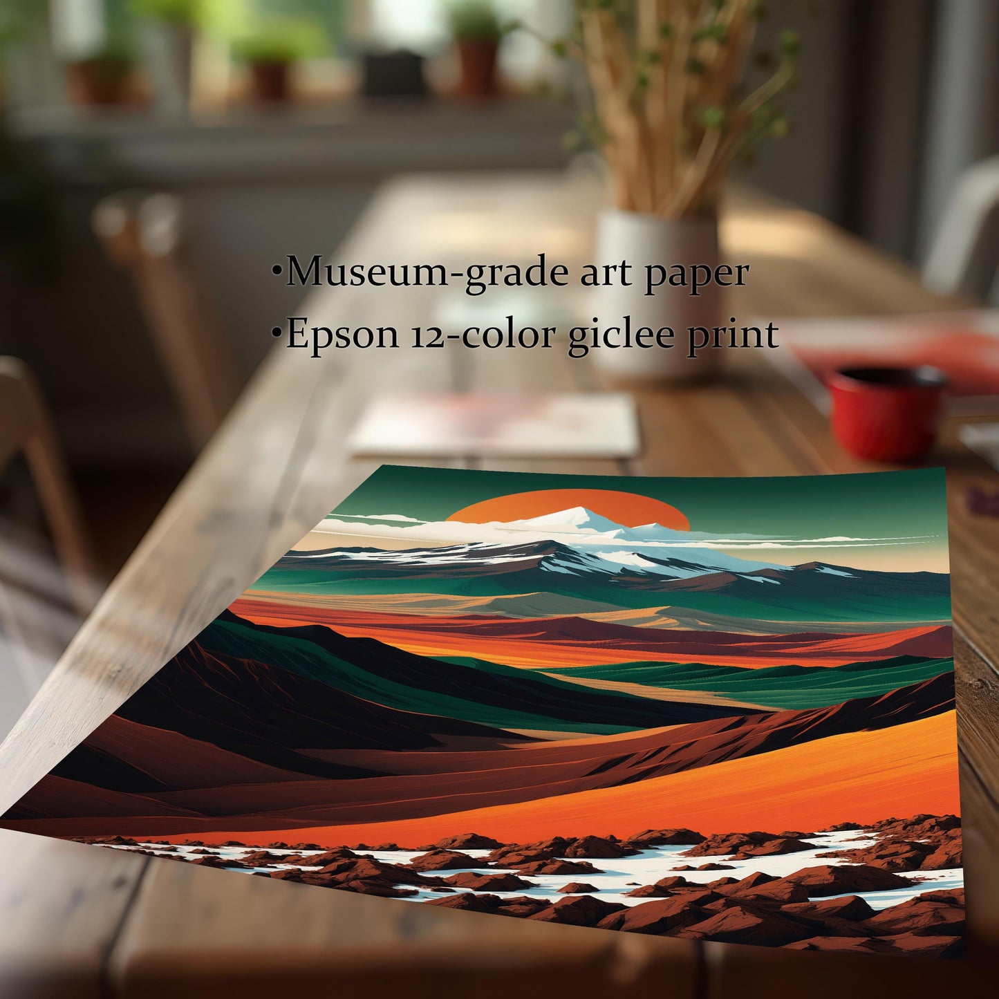 Close-up of the unframed art print on a wooden table, emphasizing the museum-grade art paper and vibrant Epson 12-color giclee print quality.
