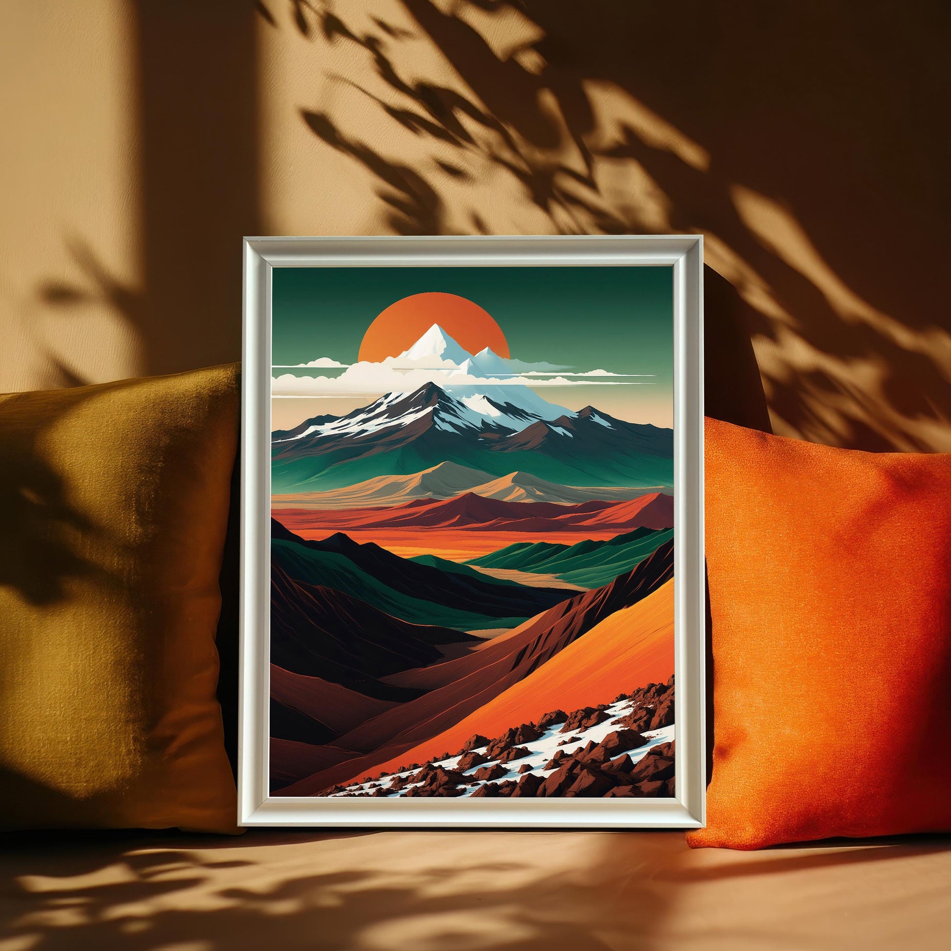The art print in a white wood frame, styled on a tan surface between a mustard yellow and a burnt orange pillow, with artistic leaf shadows overlays.