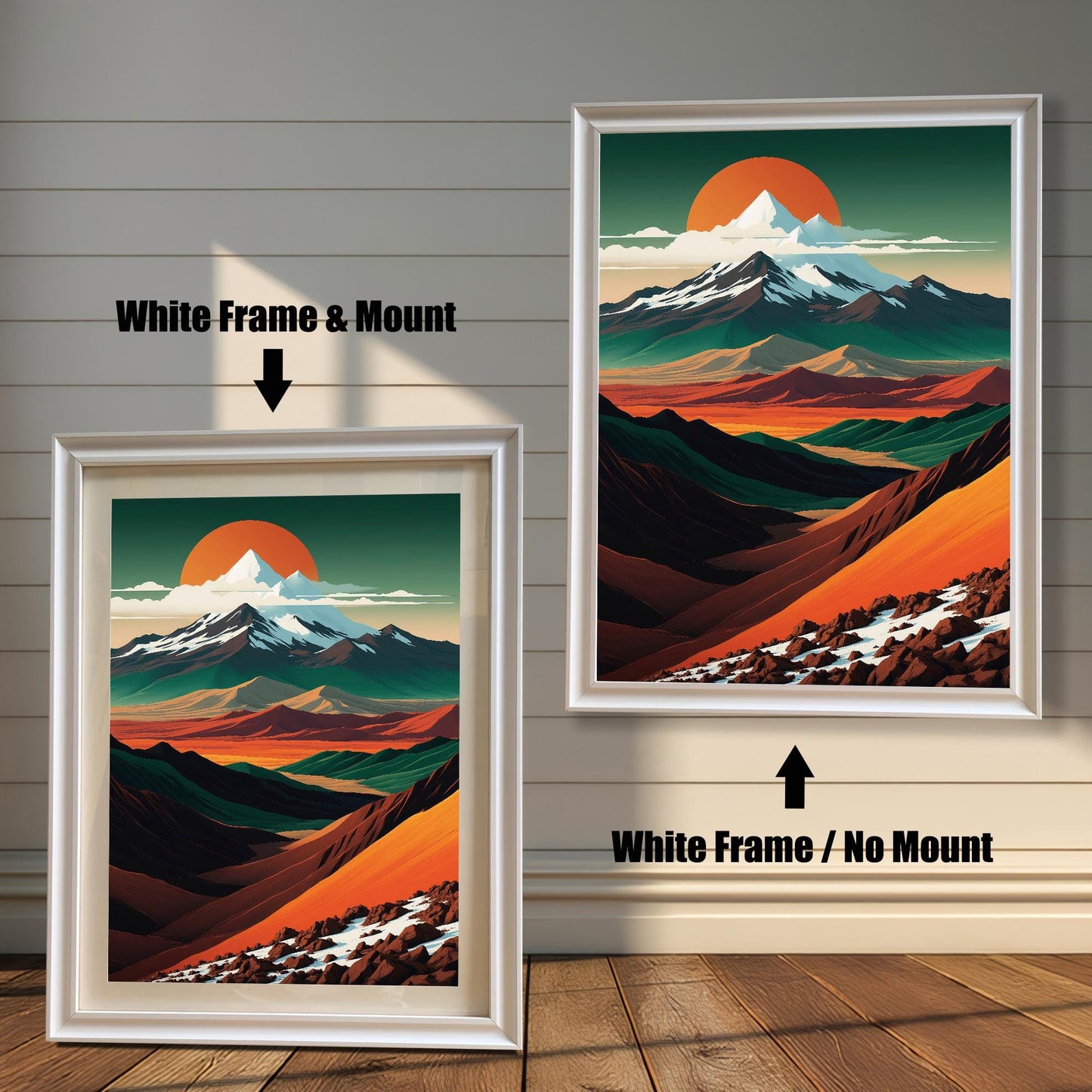 Comparison of "White" wood frames. Shows the mountain art with an off-white mount and without a mount, highlighting the clean, modern aesthetic.