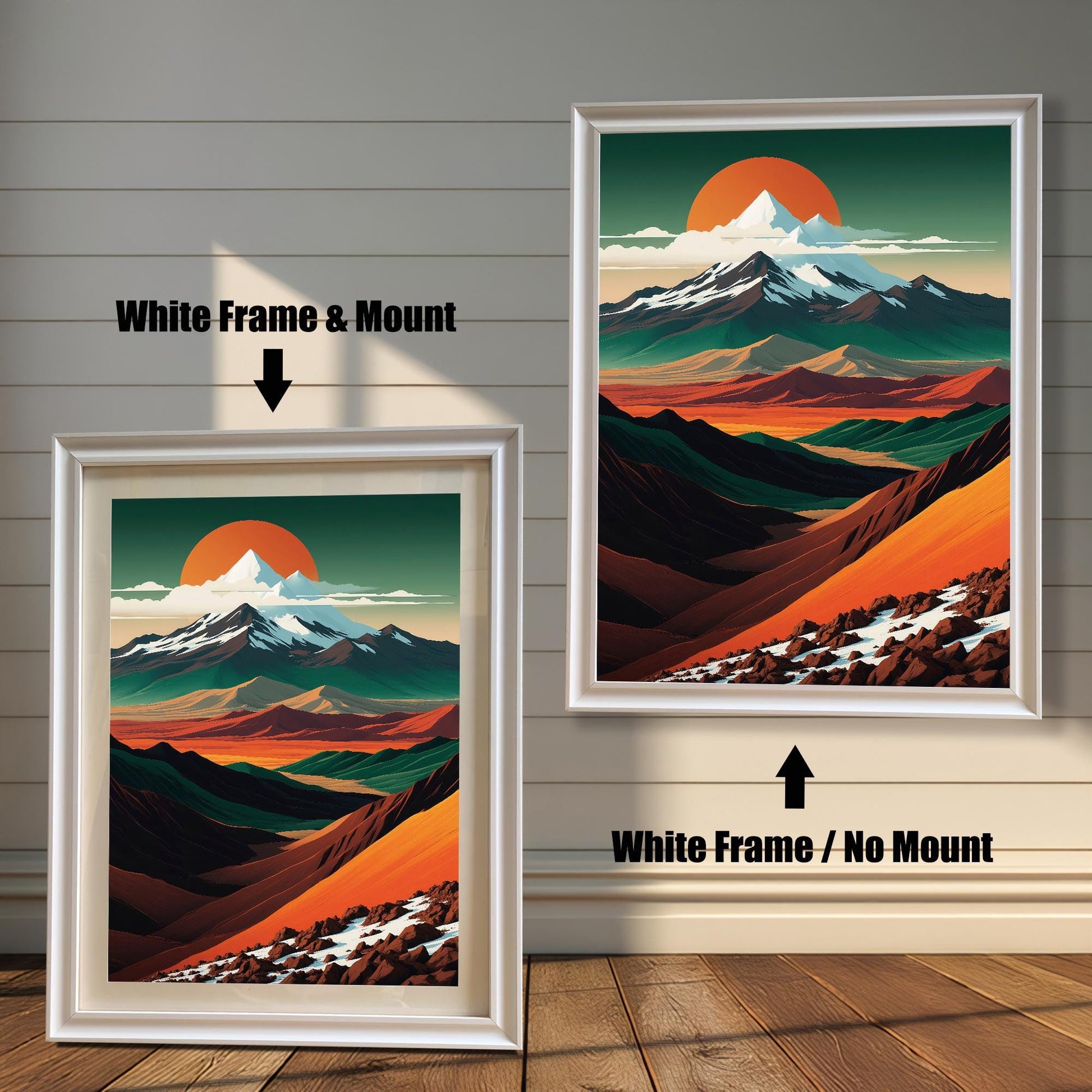 Comparison of "White" wood frames. Shows the mountain art with an off-white mount and without a mount, highlighting the clean, modern aesthetic.