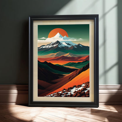 The mountain landscape art in a sleek black wood frame, leaning against a dark teal wall. Dramatic sunlight highlights the texture of the wood floor and the frame.