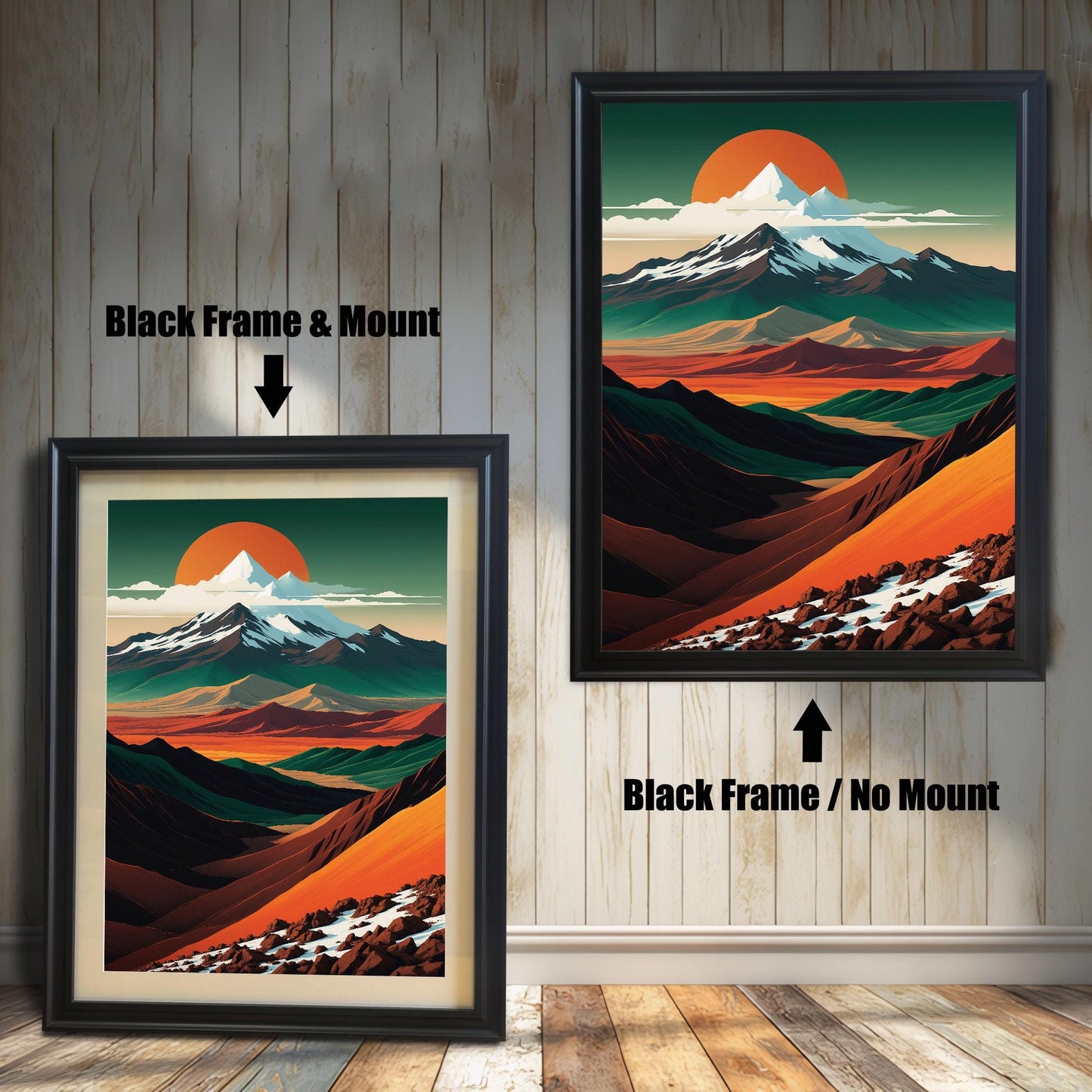 Comparison of "Black" wood frames. The mountain print is shown in two versions: one on the left with an off-white mat mount, and a larger one on the right without a mount, displayed against a rustic vertical white wood-plank wall.