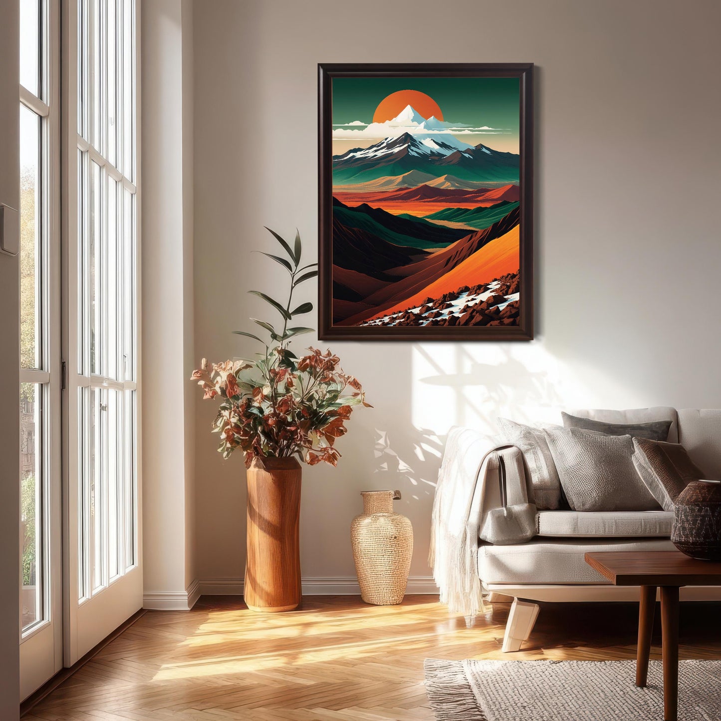 A "Coffee" dark wood framed art print hanging in a bright, modern living room. The scene features a white sofa with gray pillows, a large window letting in natural sunlight, and a tall wooden vase with autumn-colored foliage.