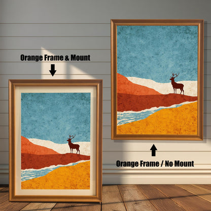 Side-by-side comparison of "Orange" (warm wood) frames: one showcasing the art with a cream-colored mat and one with the print filling the frame.