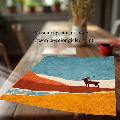 A close-up, angled lifestyle shot of the textured giclee print on a wooden table, highlighting the "Museum-grade art paper" and "Epson 12-color giclee print" quality.