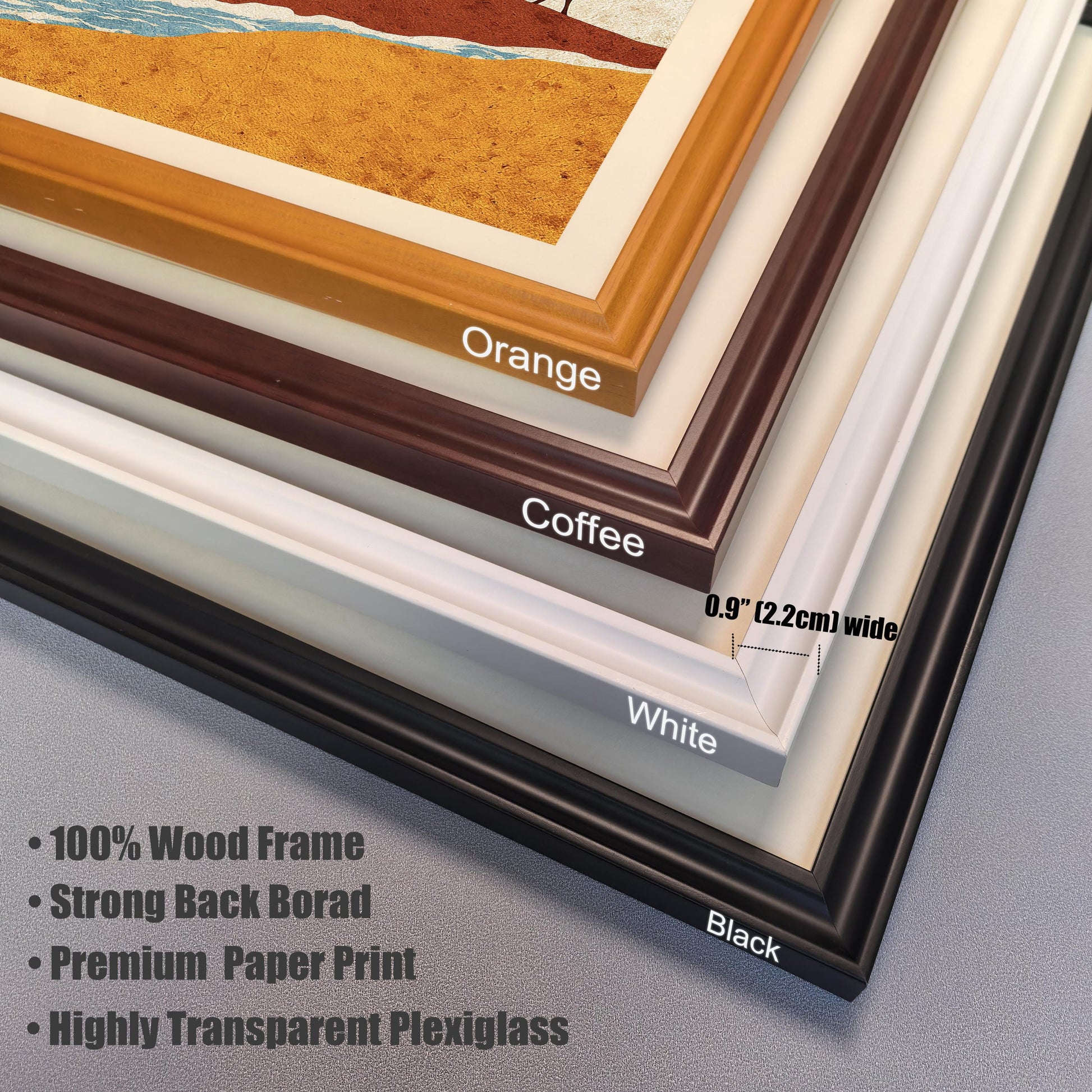 A close-up detail shot showing the corners of four stacked wood frames in Orange, Coffee, White, and Black, noting the 0.9-inch (2.2cm) width and "100% Wood Frame" construction.