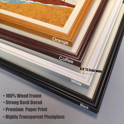 A close-up detail shot showing the corners of four stacked wood frames in Orange, Coffee, White, and Black, noting the 0.9-inch (2.2cm) width and "100% Wood Frame" construction.