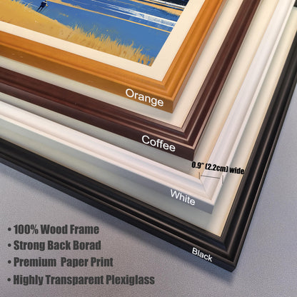 A detailed stack of four different frame corner samples labeled Orange, Coffee, White, and Black. Text annotations specify features like "100% Wood Frame," " ( cm) wide," and the use of "Highly Transparent Plexiglass."