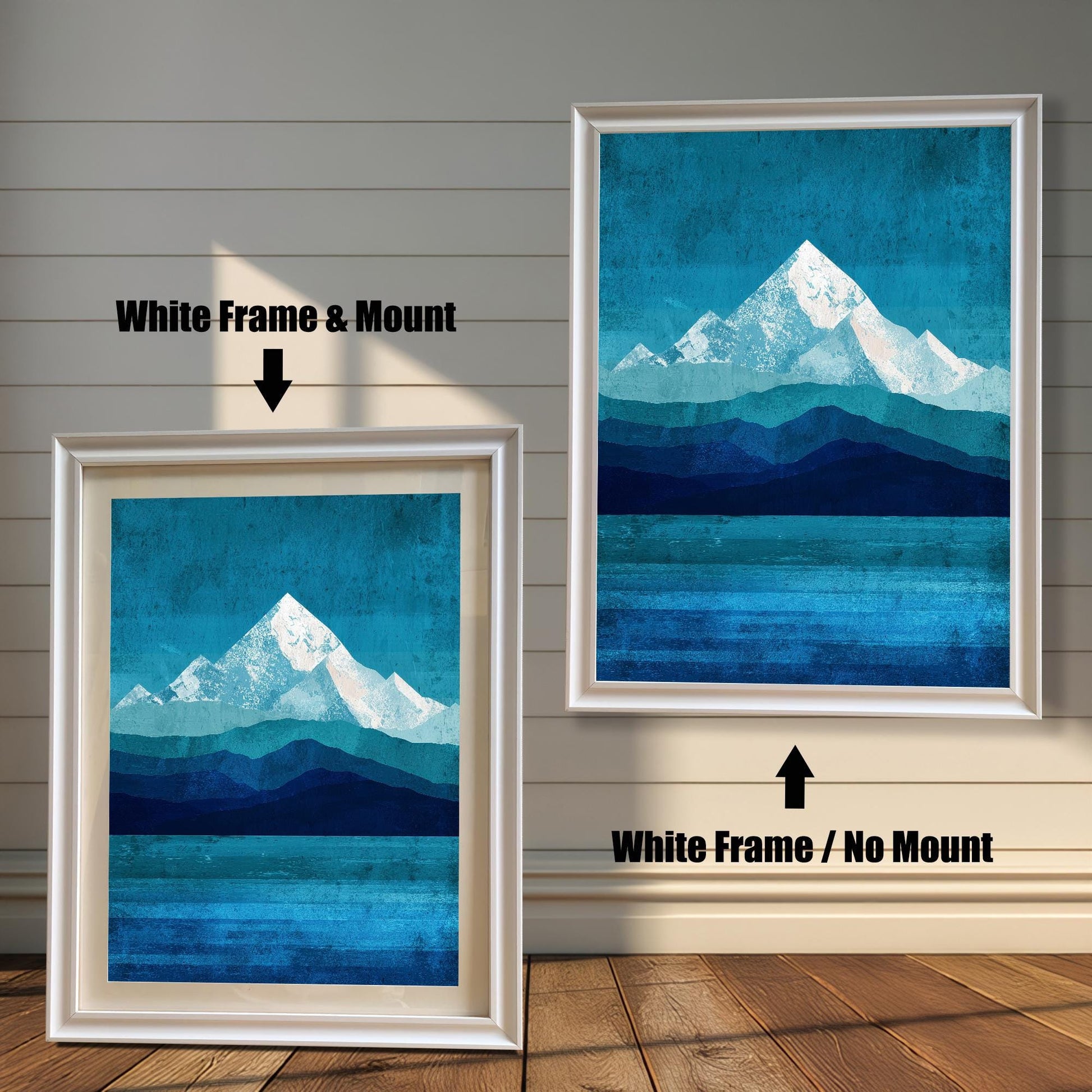 Product options for white wood frames: the left image displays the artwork with a protective mount (matting), while the right image shows the white frame with no mount.