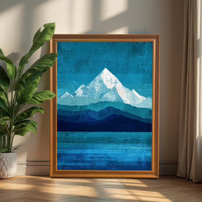 Large orange-toned wood framed mountain art print leaning against a neutral wall next to a large potted Swiss cheese plant. Sunlight and shadows fall across the frame and the light wood herringbone floor.