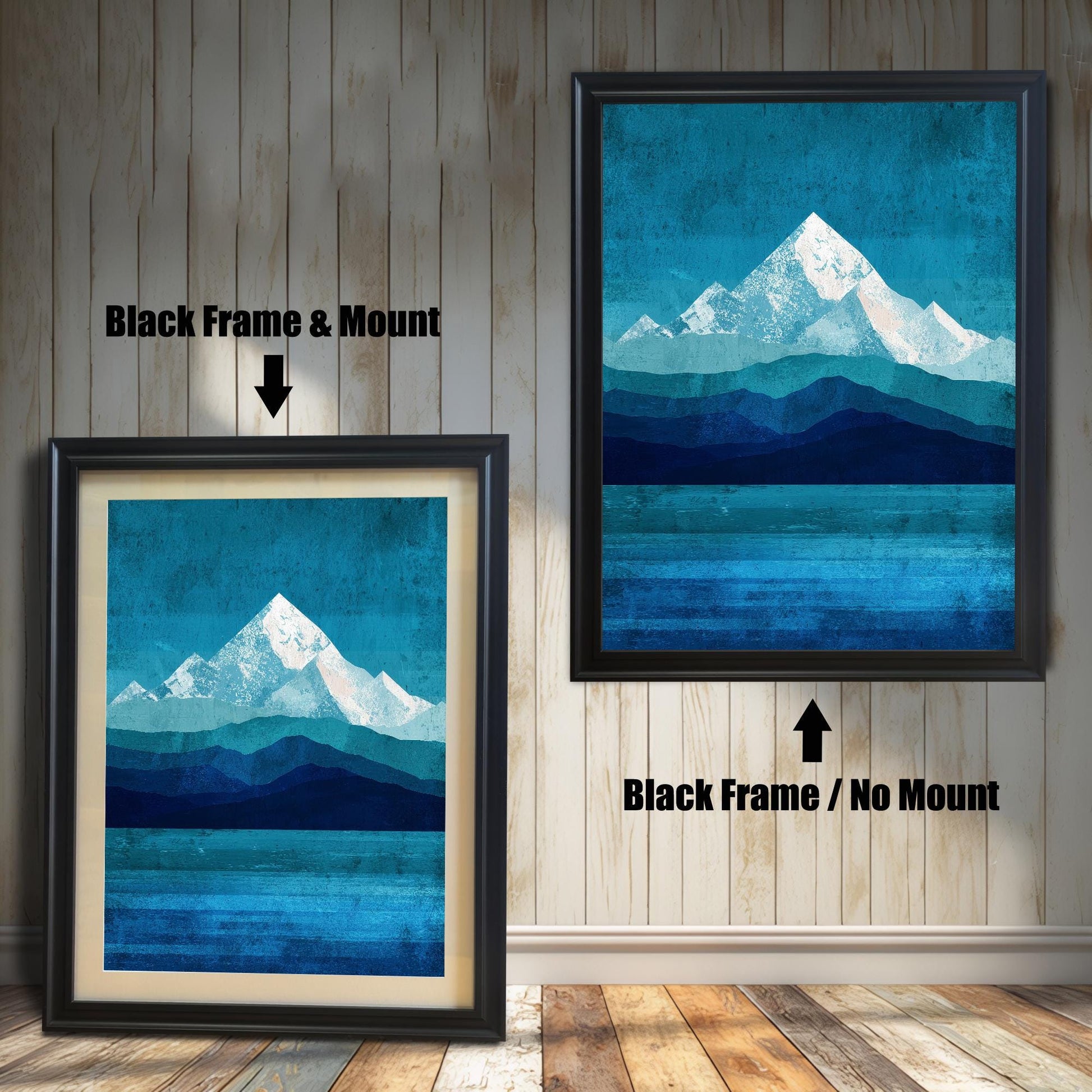 Comparison layout for black wood frames: the left version includes an off-white mount for a traditional look, while the right version features the print without a mount for a modern, full-frame appearance.