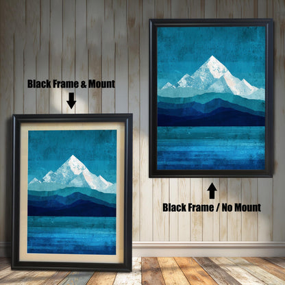 Comparison layout for black wood frames: the left version includes an off-white mount for a traditional look, while the right version features the print without a mount for a modern, full-frame appearance.