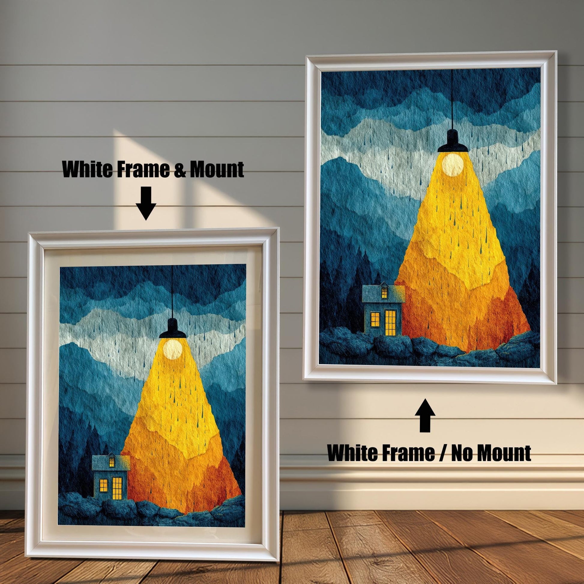 Visual guide for White wood frame options showing the difference between a framed print with a white mat board mount versus a framed print with no mount.