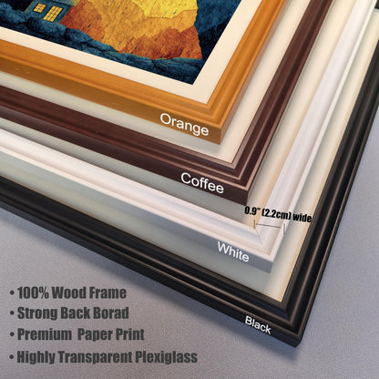 Close-up stack of the four available wood frame colors: Orange, Coffee, White, and Black. A diagram indicates a frame width of 0.9 in (2.2cm). Features listed include 100% wood frame and highly transparent plexiglass.