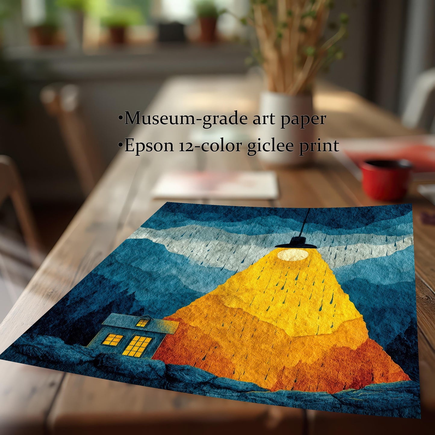 Close-up of a museum-grade art paper print featuring a textured illustration of a blue house illuminated by a yellow light beam, showing the high-quality Epson 12-color giclee print detail.