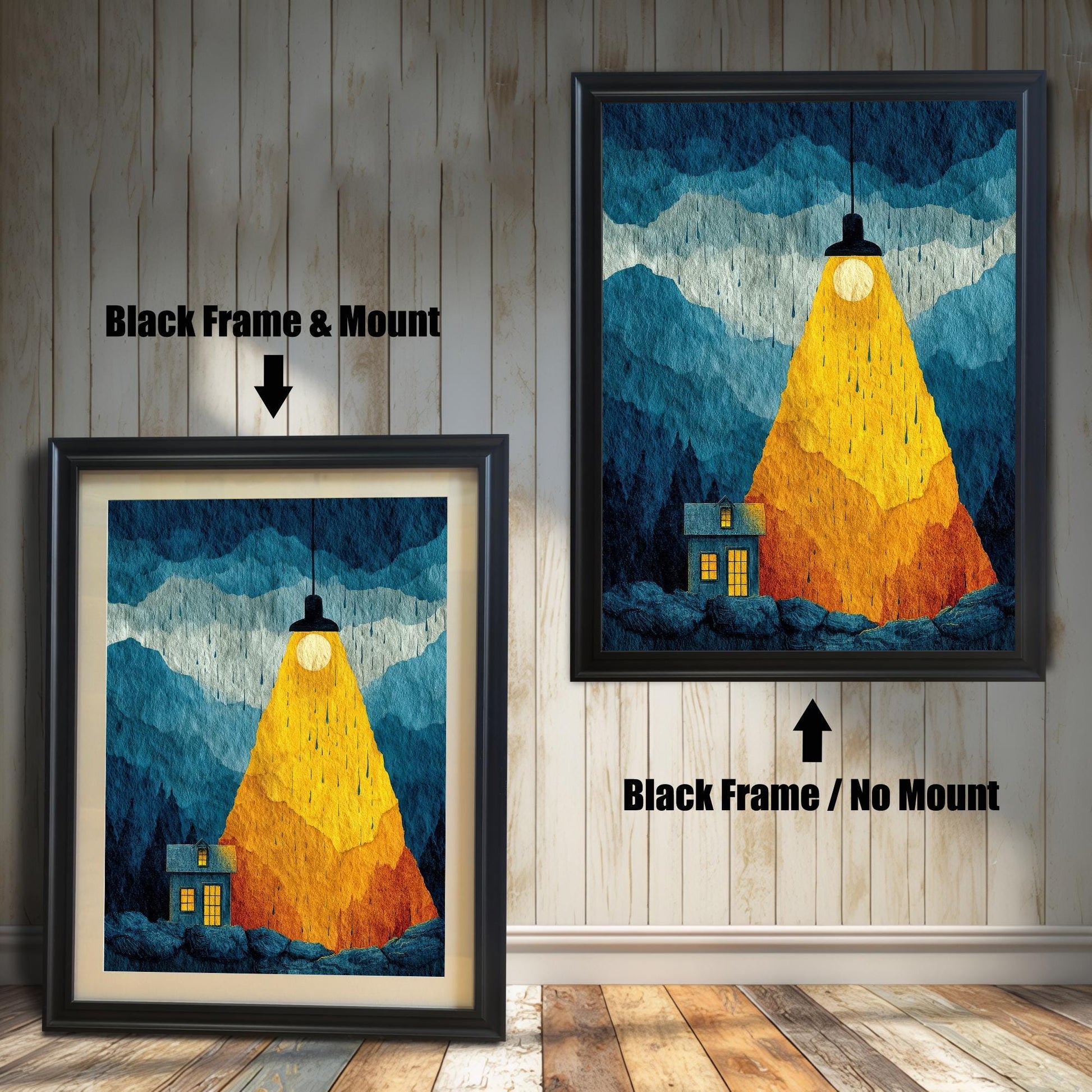 Comparison of Black wood frame styles for the "Spotlight House" illustration, showing the "Black Frame & Mount" option versus the "Black Frame / No Mount" option on a rustic wood-paneled wall.
