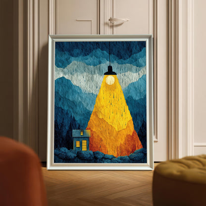 A framed art print with a white wood frame and no mount, leaning against a neutral-colored door on a herringbone wood floor in a brightly lit room.