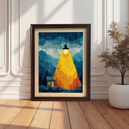 The "Spotlight House" illustration in a coffee-colored wood frame with a cream mat board, resting on a light wood floor against a decorative wainscoted wall next to a white planter.