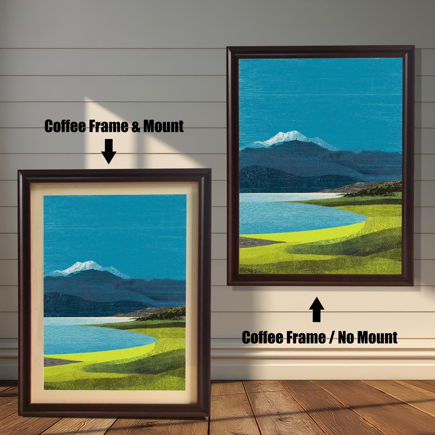 Comparison of two ""Coffee"" dark wood frames: one with an off-white mat board (mount) and one with a full-bleed print without a mount.