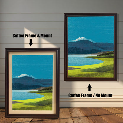 Comparison of two ""Coffee"" dark wood frames: one with an off-white mat board (mount) and one with a full-bleed print without a mount.