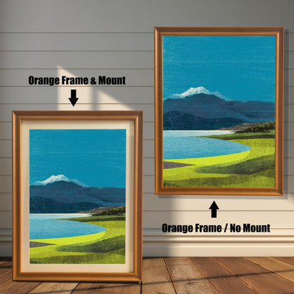 Comparison of two ""Orange"" wood frames showing the difference between a framed print with a mat mount and a full-frame print without a mount.